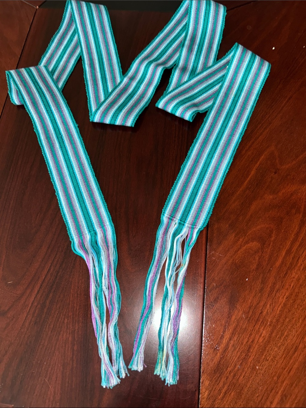 Striped Fringe Woven Belt in Teal, White & Purple